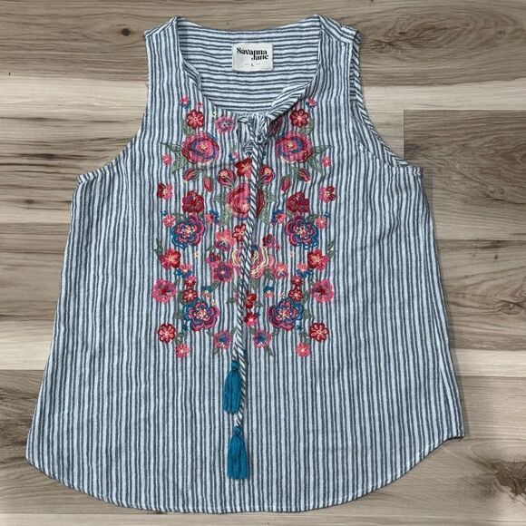 Savanna Jane Striped Embroidered Sleeveless Blue White Tank Top Women’s Large - Picture 2 of 5